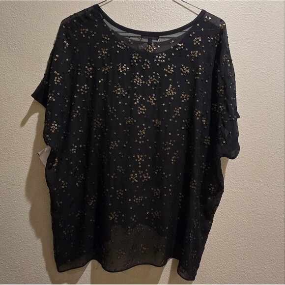 Eileen Fisher Black Sheer Dancing Sequined Top Black Gold Size S NWOT - Picture 3 of 3